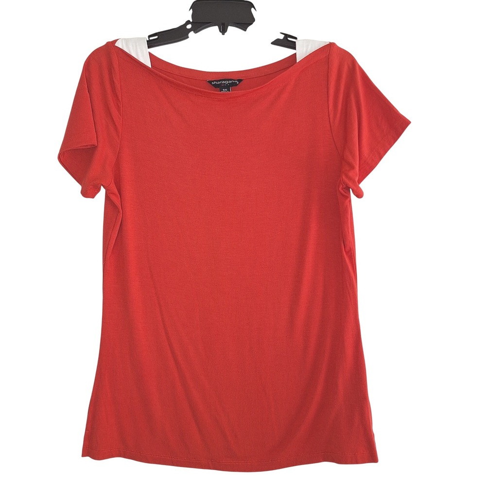 Sharagano Womens Red Boat Neck Short Sleeve Knit Top Size Small Stretch Rayon